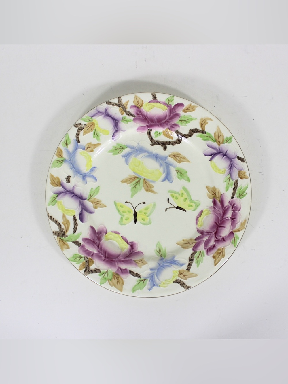 MALING Ware Majolica Peony Rose Butterfly Charger Plate 11". 6507